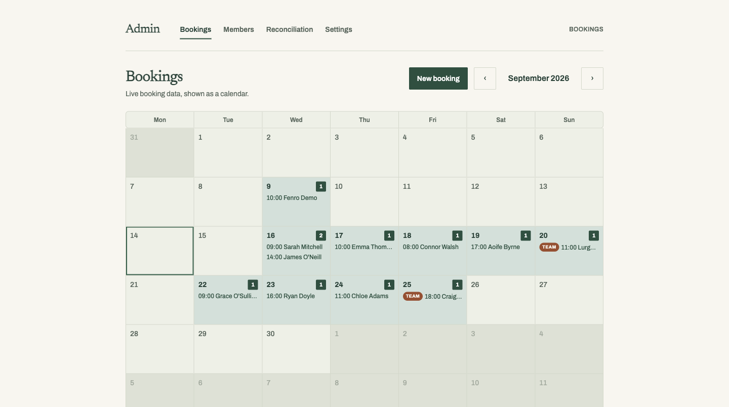The Recovery Club's staff admin booking calendar, showing a booking created directly by staff.