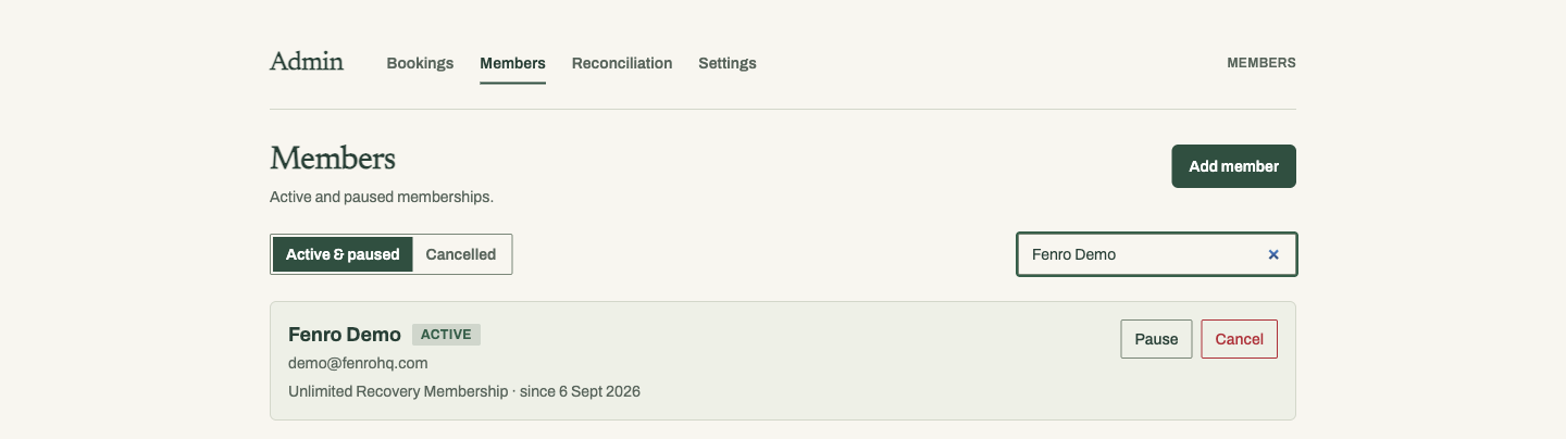 The Recovery Club's staff membership-management view, showing a synthetic demo member.