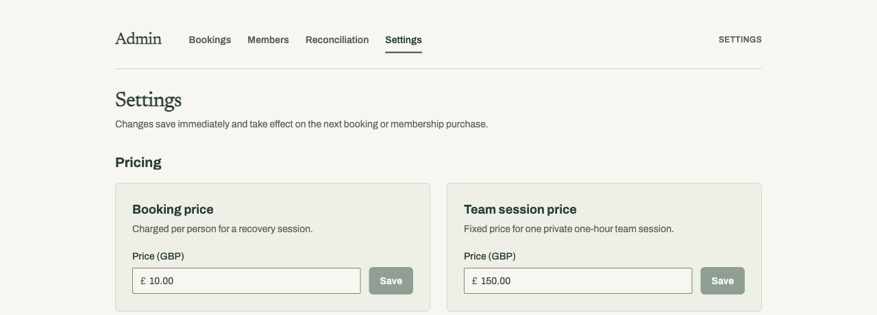 The Recovery Club's admin settings screen, showing editable booking, team-session and membership prices.