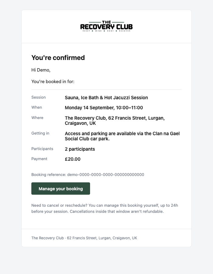 The Recovery Club's branded booking-confirmation email, showing session details, payment status and a manage-booking link.