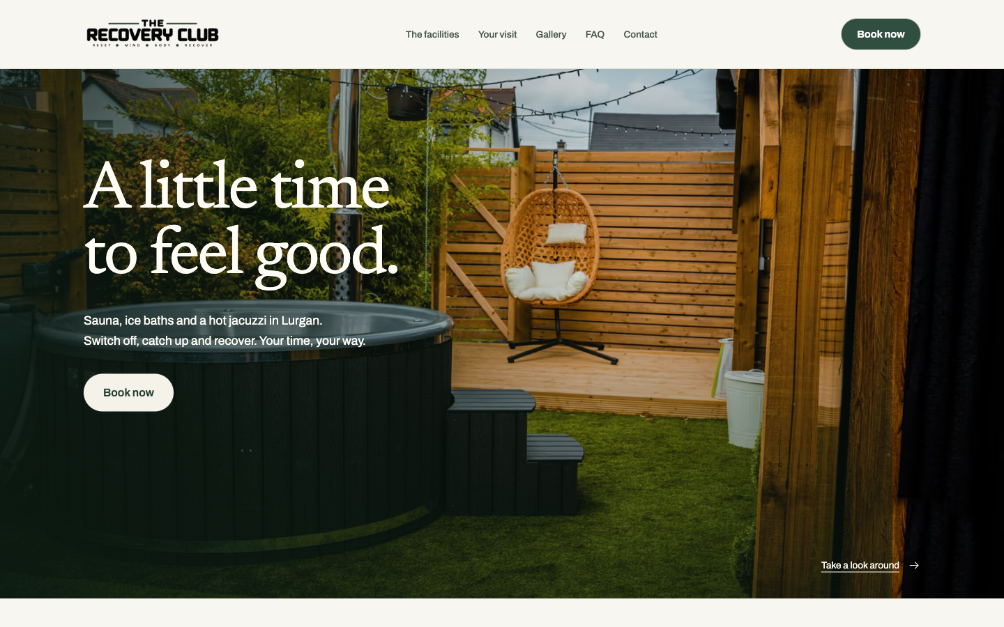 Screenshot of The Recovery Club's live public booking website homepage.