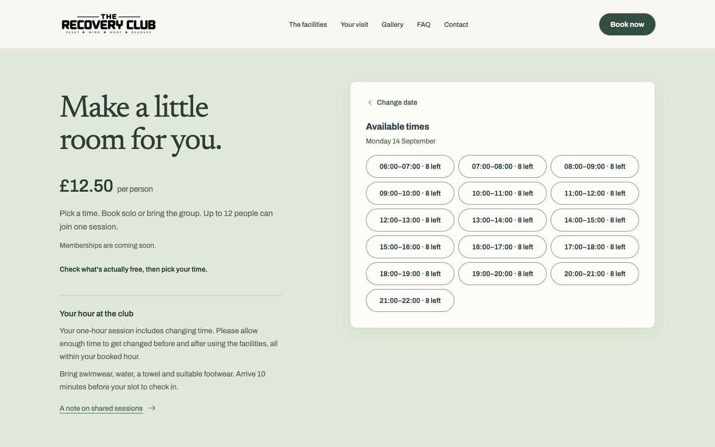 The Recovery Club's live booking widget, showing real available time slots for a chosen date.